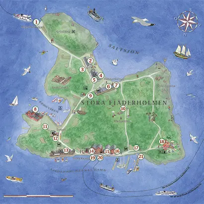 Map over the Fjäderholm Islands. Click to enlarge the image.