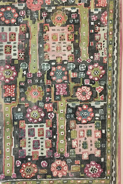 Märta Måås-Fjetterström’s watercolour sketch to rug Svarta Trädgårdsmattan. 